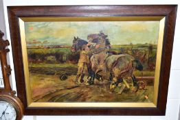 M. COLLINS (20TH CENTURY) 'HEAVY HORSES' a pair of heavy horses with their handler in a rural