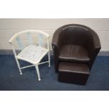A BROWN FAUX LEATHER TUB CHAIR with foot stool together with a white painted corner chair (2)