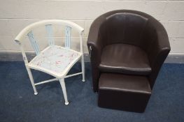 A BROWN FAUX LEATHER TUB CHAIR with foot stool together with a white painted corner chair (2)