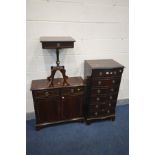 A COLLECTION OF MAHOGANY LOUNGE FURNITURE comprising a tall slim serpentine chest of six drawers,