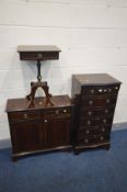 A COLLECTION OF MAHOGANY LOUNGE FURNITURE comprising a tall slim serpentine chest of six drawers,