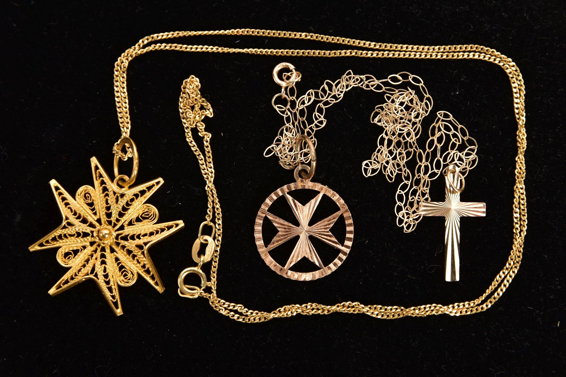 TWO PENDANT NECKLACES AND A YELLOW METAL PENDANT, to include a filigree Maltese pendant stamped ' - Image 2 of 2