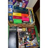 TWO BOXES OF TOYS, GAMES AND ANNUALS, ETC, including six versions of Trivial Pursuits, a Gibsons