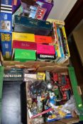 TWO BOXES OF TOYS, GAMES AND ANNUALS, ETC, including six versions of Trivial Pursuits, a Gibsons