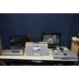 A JVC 19in TV/DVD COMBI with remote, a Pye DVD Video player, a Sony Mini HI Fi with remote, a