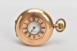 A GOLD-PLATED HALF HUNTER POCKET WATCH, round white dial, Arabic numerals, seconds subsidiary dial