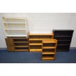 A DARK OAK OPEN BOOKCASE, width 92cm x depth 24cm x height 115cm, along with four various other open