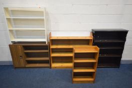 A DARK OAK OPEN BOOKCASE, width 92cm x depth 24cm x height 115cm, along with four various other open