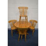 A PINE CIRCULAR PEDESTAL TABLE, diameter 90cm x height 76cm with a set of four chairs (5)