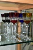 A HARLEQUIN SET OF SIX FLASH CUT WINE GLASSES, clear stem and foot, height 22cm (6)