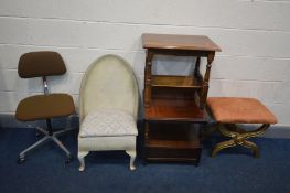 A MODERN GILT WOOD SAVONAROLA STOOL, along with a mahogany lamp table, magazine rack, wicker bedroom