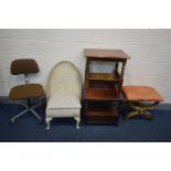 A MODERN GILT WOOD SAVONAROLA STOOL, along with a mahogany lamp table, magazine rack, wicker bedroom