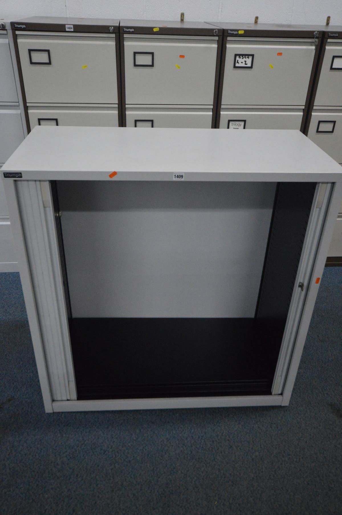 A TRIUMPH METAL DOUBLE ROLL FRONT OFFICE CABINET, with two shelves, width 101cm x depth 48cm x - Bild 2 aus 2