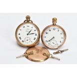 TWO GOLD-PLATED OPEN FACE POCKET WATCHES, the first with a round white dial signed 'Waltham U.S.