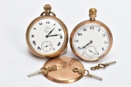 TWO GOLD-PLATED OPEN FACE POCKET WATCHES, the first with a round white dial signed 'Waltham U.S.