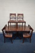 A MAHOGANY DROP LEAF PEDESTAL DINING TABLE, open length 154cm x closed length 70cm x depth 91cm x