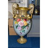 A LATE 19TH CENTURY COPELAND 'COPELANDS JEWELLED PORCELAIN' TWIN HANDLED BALUSTER VASE IN NEED OF