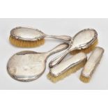 FIVE PIECES OF SILVER VANITY ITEMS, to include two hair brushes, each of a plain polished design