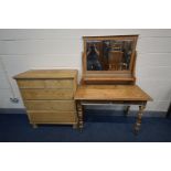 A VICTORIAN PINE TALL CHEST OF TWO SHORT OVER THREE LONG GRADUATED DRAWERS, on turned bun feet,