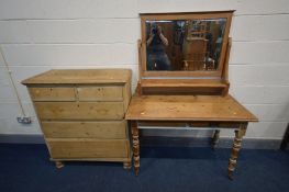 A VICTORIAN PINE TALL CHEST OF TWO SHORT OVER THREE LONG GRADUATED DRAWERS, on turned bun feet,