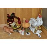 SIX VARIOUS CERAMICS AND METAL MODELS OF POULTRY AND FARM ANIMALS, comprising a Capodimonte white