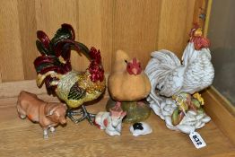 SIX VARIOUS CERAMICS AND METAL MODELS OF POULTRY AND FARM ANIMALS, comprising a Capodimonte white