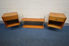 A PAIR OF MID CENTURY TEAK BEDSIDE CABINETS, with a single drawer, on pin metal legs, width 39cm x