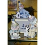 THREE LLADRO PIERROT FIGURES, comprising 'Pierrot with Puppy' 5278 and 5277, tallest approximately