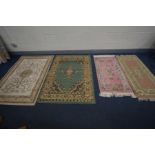 TWO CHINESE RUGS, on pink the other russet, 140cm x 70cm, and two other rugs (4)