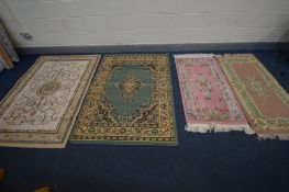 TWO CHINESE RUGS, on pink the other russet, 140cm x 70cm, and two other rugs (4)