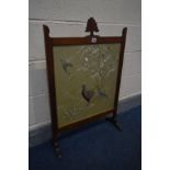 A MAHOGANY FRAMED SILK EMBROIDED FIRE SCREEN, depicting a wildlife scene with a pheasant and