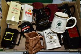 A BOX OF ADVERTISING JUGS, to include twelve jugs, brands to include Dunhill, Teacher's, Carling,