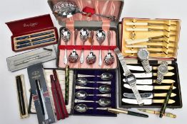 A BOX OF ASSORTED CUTLERY AND THREE GENTS WRISTWATCHES, to include two cased sets of six butter