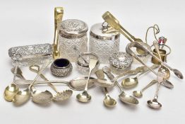 A SELECTION OF SILVER AND WHITE METAL ITEMS, to include two glass and silver lidded vanity jars, one