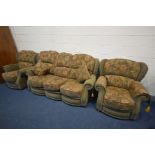 A GREEN AND FLORAL UPHOLSTERED THREE PIECE LOUNGE SUITE, comprising of a three seater sofa and two
