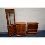 A QUANTITY OF YEW WOOD FURNITURE, to include a small open bookcase with two drawers, a corner