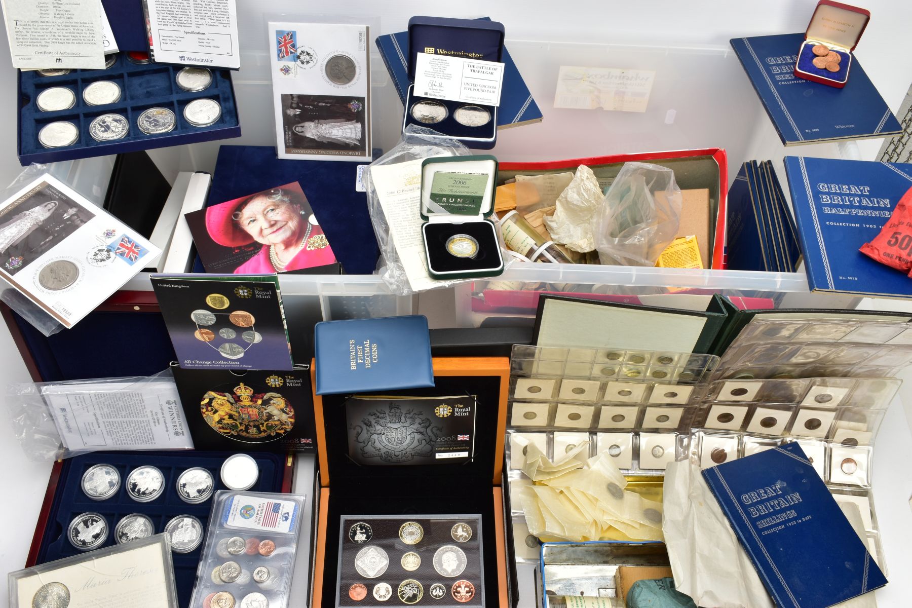 TWO LARGE PLASTIC STORAGE BOXES CONTAINING WORLD COINAGE To include a box of USA coins Morgan