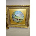 M.POWELL (BRITISH 20TH CENTURY), a hand painted porcelain plaque decorated with Highland cattle in a