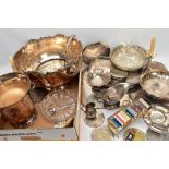 A BOX OF ASSORTED WHITE METAL WARE, to include a set of eight plate coasters, two rectangular entree