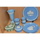 SIX PIECES OF WEDGWOOD JASPERWARE AND AN EMBOSSED QUEEN'S WARE CONICAL VASE, height 16.5cm, the
