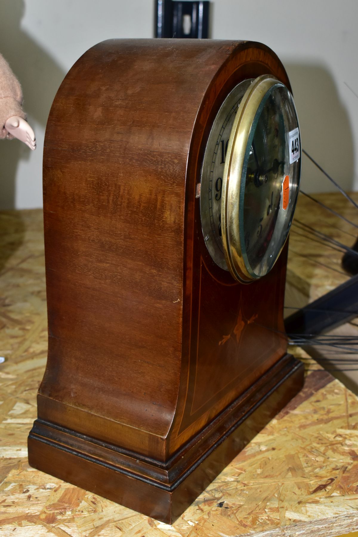 AN EDWARDIAN MAHOGANY AND INLAID MANTEL CLOCK, circular silvered dial with Arabic numerals, eight - Image 3 of 6