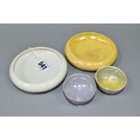 FOUR PIECES OF MOORCROFT POTTERY, comprising two shallow bowls with inverted rims in white and