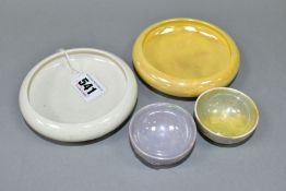 FOUR PIECES OF MOORCROFT POTTERY, comprising two shallow bowls with inverted rims in white and