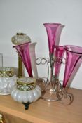 A SILVER PLATED FOUR BRANCH CRANBERRY GLASS EPERGNE, the trumpets being 20th century replacements,