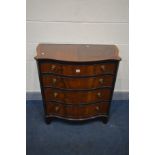 A REPRODUCTION MAHOGANY AND CROSSBANDED SERPENTINE CHEST OF FOUR LONG GRADUATED DRAWERS, on