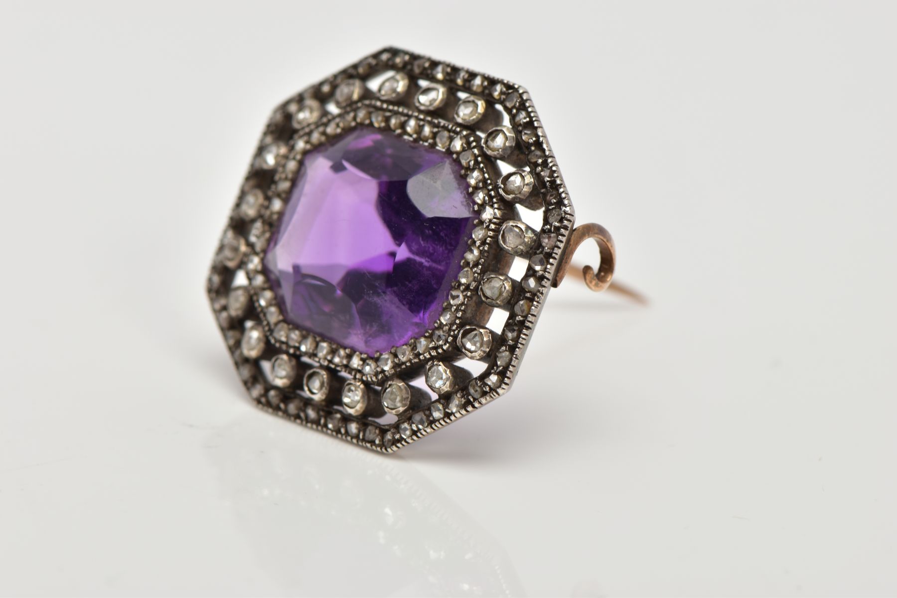 A LATE VICTORIAN AMETHYST AND ROSE CUT DIAMOND BROOCH, centring on a cushion cut amethyst, within an - Image 3 of 5