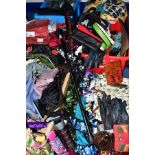 FIVE BOXES AND LOOSE LADIES SCARVES, UMBRELLAS, HANDBAGS, CLOTHING, ETC, to include a quantity of