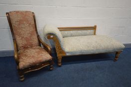 AN EDWARDIAN WALNUT CHAISE LONGUE, length 166cm, along with a Victorian mahogany armchair chair (2)