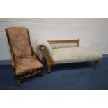 AN EDWARDIAN WALNUT CHAISE LONGUE, length 166cm, along with a Victorian mahogany armchair chair (2)