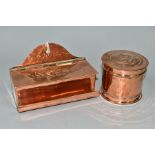 AN ARTS AND CRAFTS HUGH WALLIS WALL HANGING COPPER BOX, the hinged lid embossed with a rose and